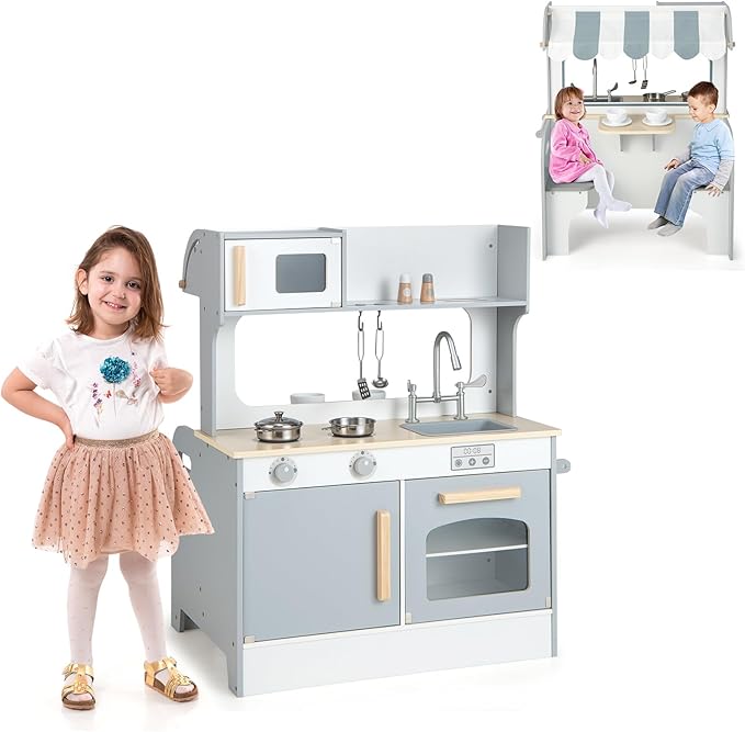 HONEY JOY Kids Kitchen Playset, Double Side Little Chef Play Kitchen for Toddler & Restaurant, Cookware, Microwave, Sink, Storage Cabinet, Wooden Pretend Play Toy Kitchen Set, Gift for Boy Girl, Gray
