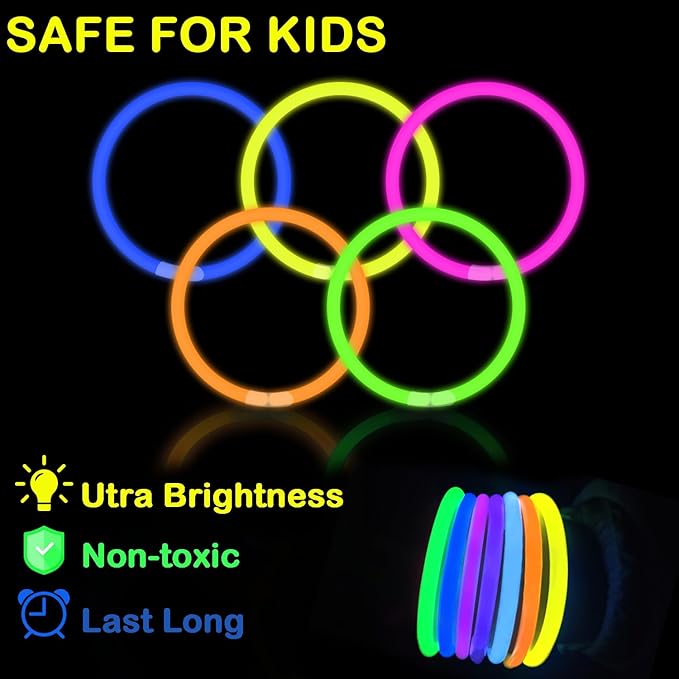 Glow Sticks Party Pack 8"-50,Light up Bracelets & Necklaces Accessories for Kids, Valentines Day Neon Glow in the Dark Party Favor Supplies Decorations for Birthday, Camping, Wedding, Dance Activities