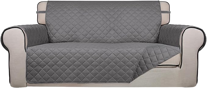 PureFit Reversible Quilted Sofa Cover, Water Resistant Slipcover Furniture Protector, Washable Couch Cover with Non Slip and Elastic Straps for Kids, Dogs, Pets (Oversized Loveseat, Gray/Gray)