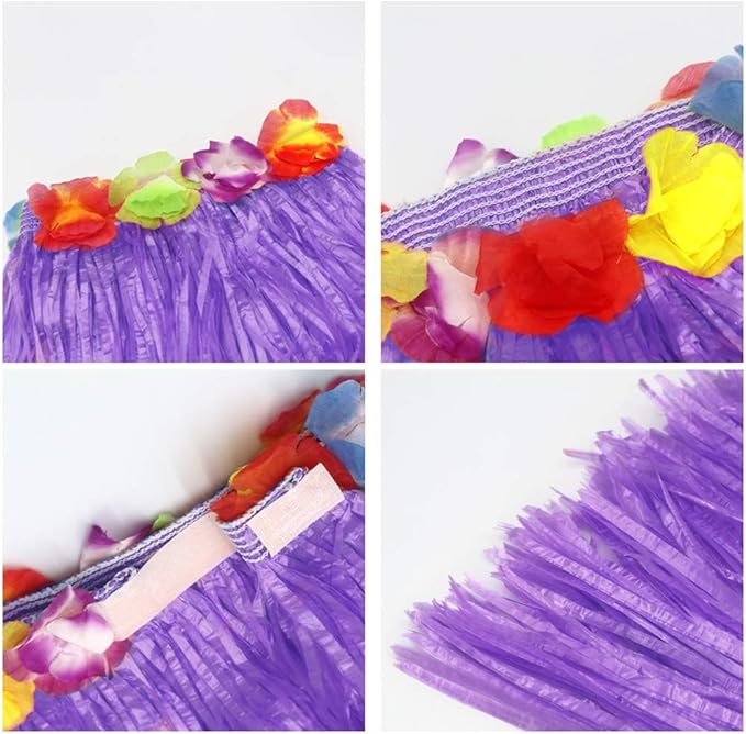Fortuning's JDS Girl's elastic Hawaiian hula dancer grass skirt with flower costume set -purple Birthday Tropical Party Decorations