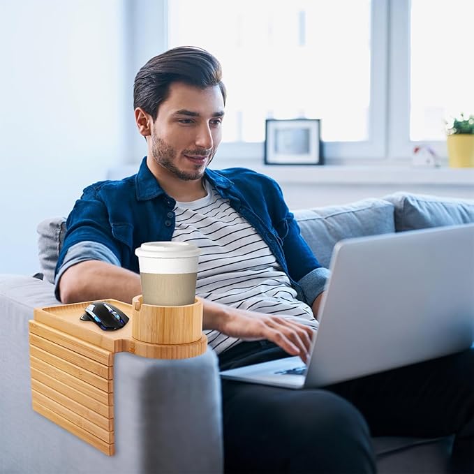 Couch Cup Holder - 3 in 1 Sofa Arm Tray with 360° Rotating Cup Holder & Phone Stand,Arm Chair Rest Table Fits Various of Large Width Couches Armrest,Anti-Slip Foldable Couch Tray for Drinks