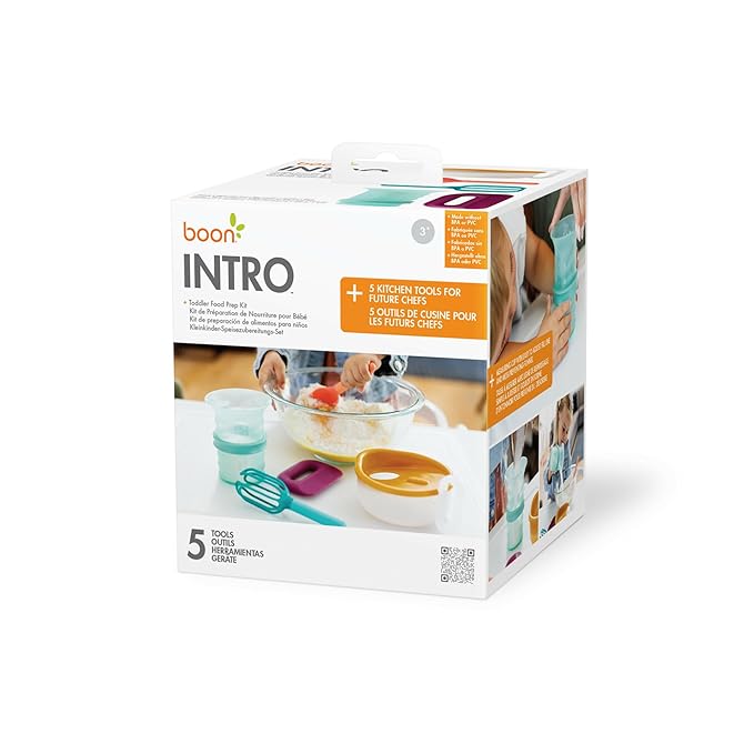 Boon Intro Toddler Food Prep Kids Kitchen Set - Kids Kitchen Accessories - 5 Unique Toddler Kitchen Tools Includes Spatula, Egg Cracker, Kids Chopper, Measuring Cup, and Bowl - Ages 3 Years and Up