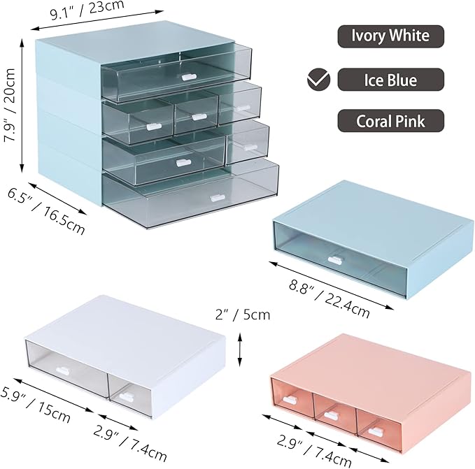 Desk Craft Organizer and Storage with 7 Flat Drawers, Stackable Plastic Desktop Accessories & Workspace Organizer for Office Stationary, Makeup Skincare, Sanitation Supplies, Blue