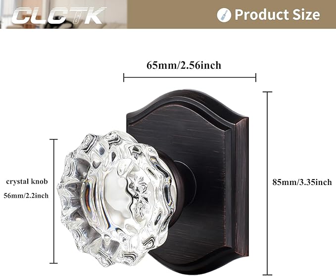 CLCTK 2 Pack Glass Dummy Door Knobs, Antique Inactive Crystal Half-Dummy Door Knobs for Hall and Closet, Oil Rubbed Bronze