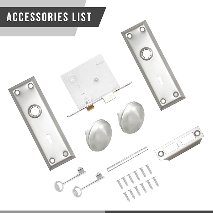 Vintage Door Knob with Lock for Interior Doors Brushed Nickel, Antique Brass 1 Pack Mortise Lock Set, Old Fashioned Bathroom & Bedroom with Skeleton Key for Old House Doors