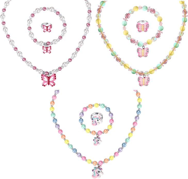 3 Sets Girl Princess Necklace Bracelet Ring Kids Stretchy Jewelry Gift Unicorn Butterfly Necklace Bracelets Rings Party Favors Dress up Jewelry for Little Girl Toddler(with Gift Box)