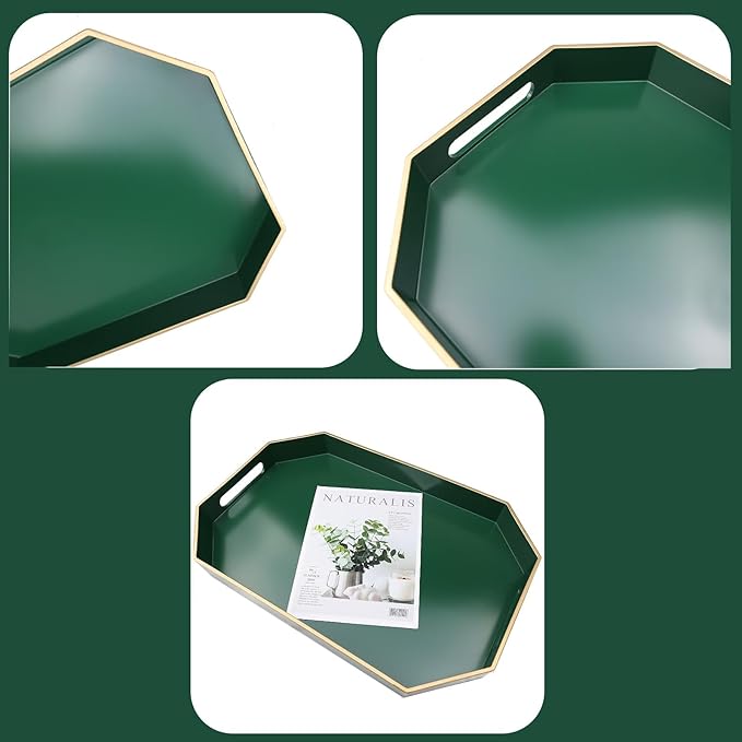 Omuriko Green Decorative Tray with Handles, Versatile Serving Tray for Coffee Table, Ottoman, Ideal for Serving, Displaying, Organizing, 15.7"*10.2"*1.57"