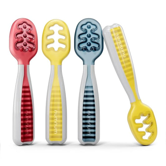 NumNum Baby Spoons Set, Pre-Spoon GOOtensils for Kids Aged 6+ Months - First Stage, Baby Led Weaning (BLW) Spoon - Self Feeding, Silicone Toddler Food Utensils - 4 Spoons, Primary Colors