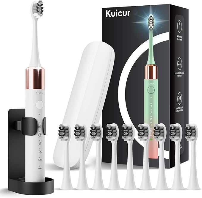 Electric Toothbrush, 10 Brush Heads & Travel Case, 42,000 VPM Electric Motor & Wireless Charging, 5 Modes with Smart Timer, Ultra Whitening Toothbrush for Adults and Kids