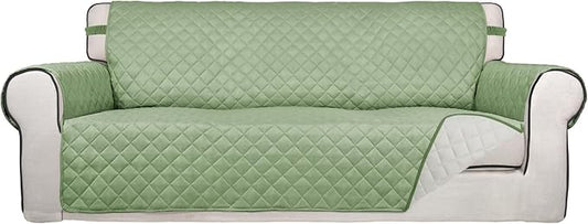 PureFit Reversible Quilted Sofa Cover, Water Resistant Slipcover Furniture Protector, Washable Couch Cover with Non Slip and Elastic Straps for Kids, Dogs, Pets (Oversized Sofa, Sage Green/Ivory)