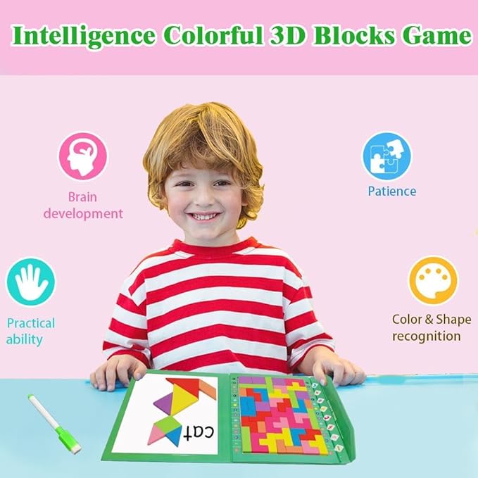 Wooden Blocks Puzzle Brain Teasers Toy (Magnetic version), Travel Tangram Puzzle - Magnetic Pattern Block Book Road Trip Game Jigsaw Shapes Dissection STEM Games with Solution for Kid Adult Challenge