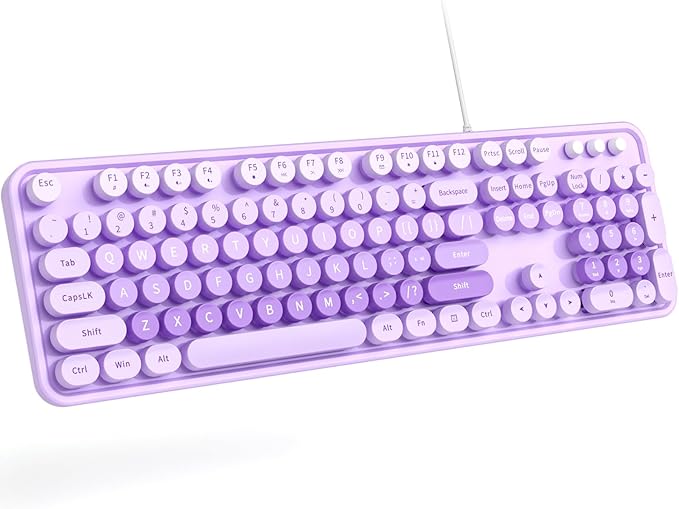 Large Print Keyboard Wired, Full Size Wired Retro Round Keyboard with Foldable Stands, Plug and Play for Laptop and Office PC- Purple Colorful