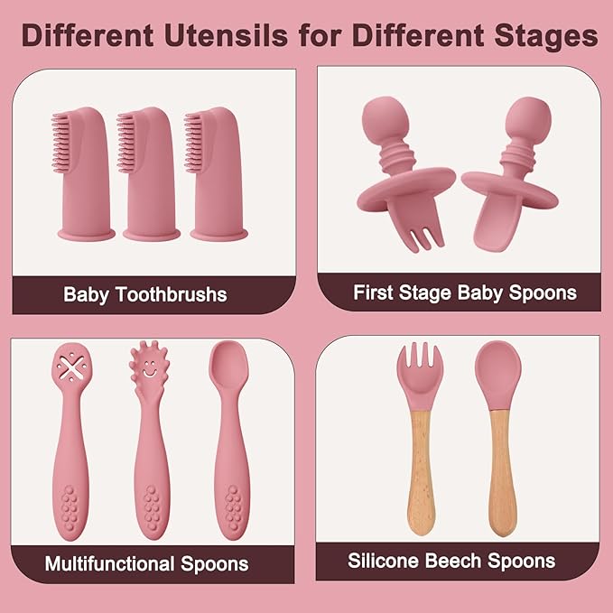 Silicone Baby Feeding Set 14 Pcs,Baby Led Weaning Supplies, Baby Spoons Suction Bowl Divided Plate Bib Cup Finger Brush,First Stage Solid Food Eating Utensils - 6+ Months(Deep Red)