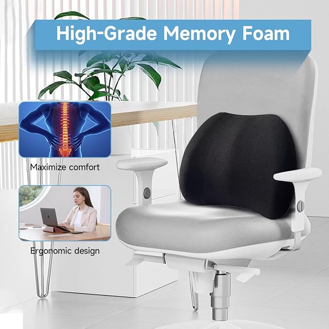 Really Plush Lumbar Support Pillow for Car Seat, Perfectly Balanced 100% Memory Foam Lumbar Pillow - Breathable Removable Cover & Ergonomic Design, Back Pillow for Back Pain Relief(Black, 1PC)