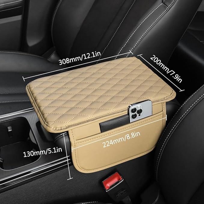 OtpOutopa Car Center Console Armrest Cover, Leather Car Center Console Cover Cushion with 2 Storage Bags, Universal Center Console Pad Car Armrest Lids Storage Box Auto Interior Accessories (Beige)