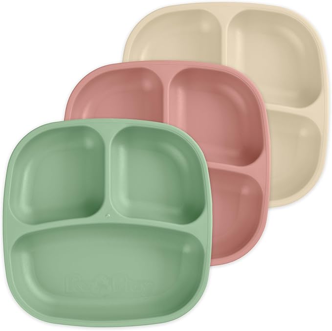 Re-Play Made in USA 7" Deep Walled Divided Plates for Kids, Set of 3 - Reusable 3 Compartment Plates, Dishwasher and Microwave Safe - 7.37" x 7.37" x 1.25", Desert Sands