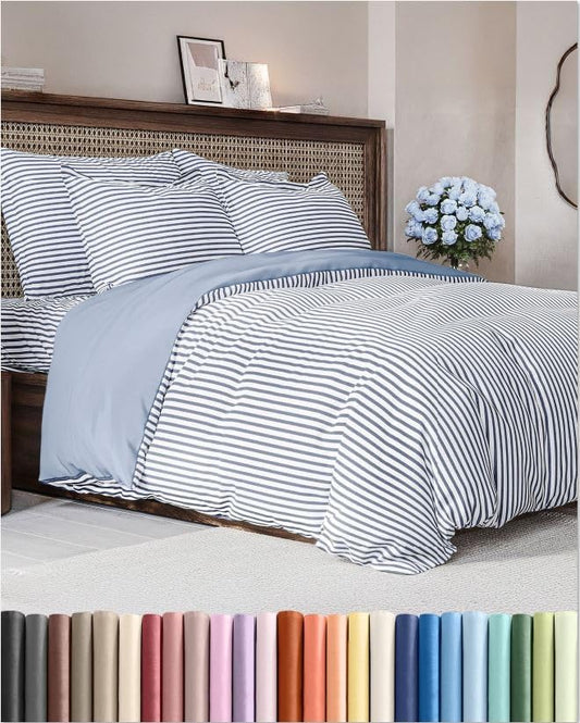 Duvet Cover Queen Size Set - Extra Soft Queen Size Duvet Cover 90 x 90 with 2 Pillow Shams - Hotel Luxury Easy Care & Fade Free w/Zipper Closures & Ties - Comfy Breathable Bedding Set (Blue Stripes)