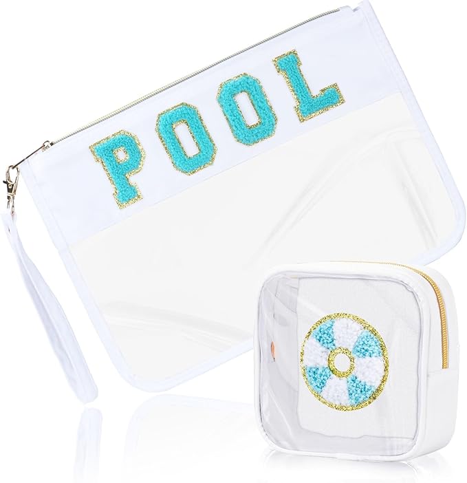 BuyCard 2 Pcs Pool Bag Cosmetic Makeup Bag with Chenille Letter Patch, Clear Pouch PVC Organizer Purse, Waterproof Travel Beach Bag, Portable Toiletry Storage Bag