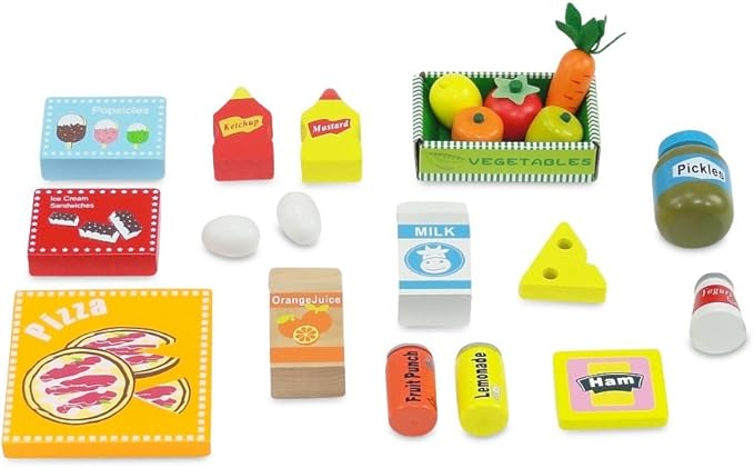 Emily Rose 18 Inch Doll Wooden Play Kitchen Refrigerator Freezer Toy Gift Set, Includes 20 Pretend Food Accessories | Doll Not Included