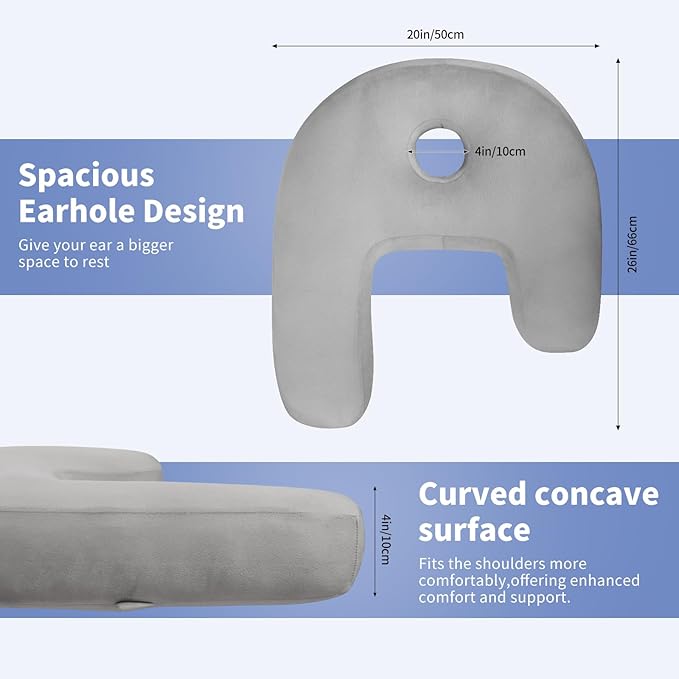 Body Pillow for Side Sleepers with Ear Hole, J & U-Shaped Neck Pillow for Ear Piercing, Relieves Neck, Shoulder & Back Pain, 20x26 Inches with Pillowcase (Grey)