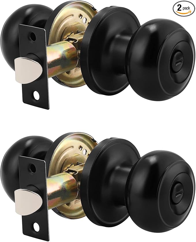 Probrico (2 Pack Round Privacy Door Knob (Thumb Turn Lock on The Inside), Keyless Doorknobs Interior/Exterior Lockset, Privacy Knobs for Bedroom/Bathroom, Black Modern Design Door Hardware