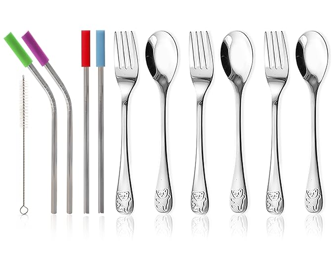 15 Pieces Toddler Kids Utensils Kids Silverware Set Stainless Steel, Safe Baby Utensils 3 Toddler Forks 3 Toddler Spoons 4 Reusable Metal Straws 4 Silicone Tips and Brush, Kid Utensils Flatware