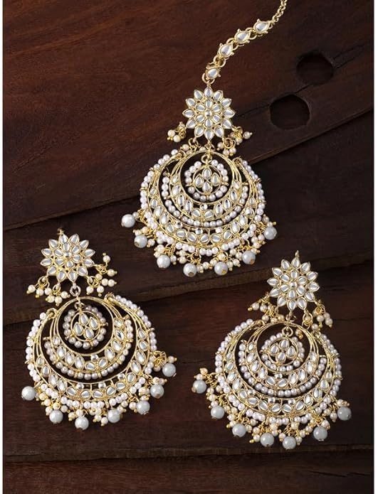 Aheli Bollywood Ethnic Chandbali Style Big Earrings Maang Tikka Set Traditional Fashion Jewelry Gift for Women