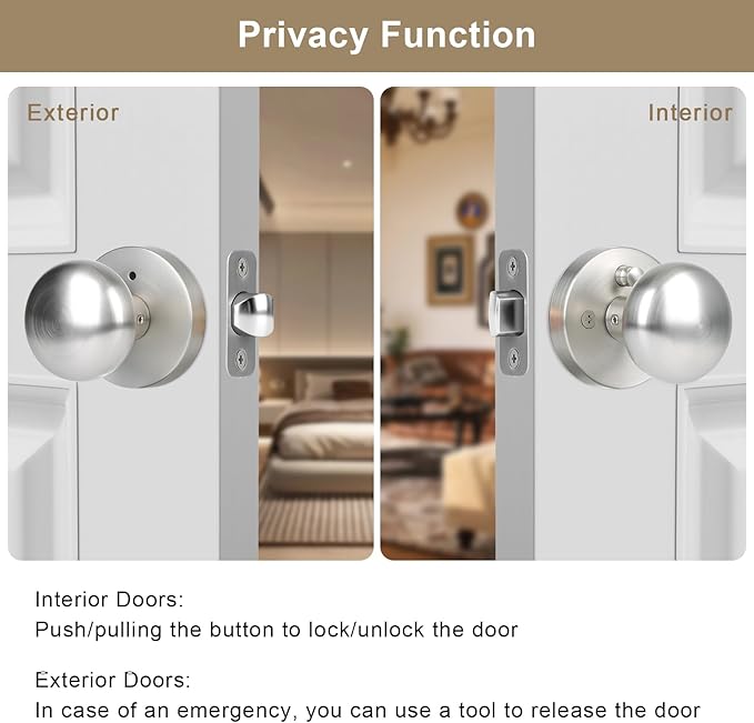Satin Nickel Door Knob, Privacy Door Knobs Interior with Push-Button, Vintage Door Knob with Lock for Bedroom and Bathroom, 1 Pack