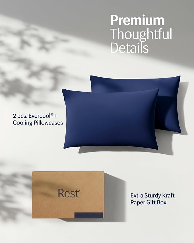 REST® Evercool®+ Cooling Pillowcases Standard - 2 Pillowcases for Sensitive Skin, Silver Infused Fabric for Hygienic Sleep, Silky Smooth for Curly Hair, High Elastic for Snug Fit (19x29 inches)