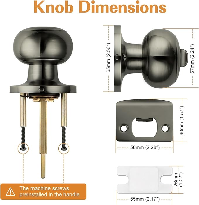 Probrico Satin Gunmetal Door Knobs for Bedroom Bathroom, Interior Door Knob with Round Ball, Grey Privacy Door Knob, 3 Pack