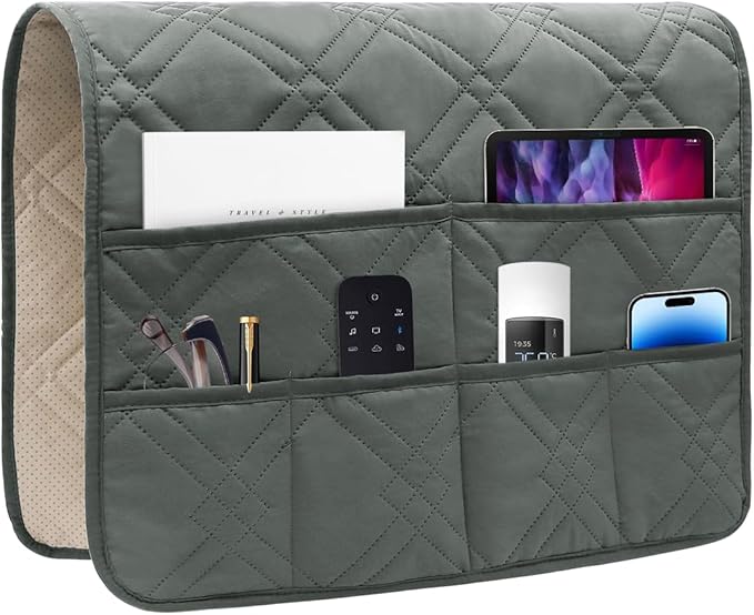 Couch Armrest Organizer Remote Control Holder Bedside Caddy with 6 Pockets, Non-Slip Armchair Caddy Sofa Armrest Organizer for Tv Remote Control, Magazine, Cell Phone, Dark Grey
