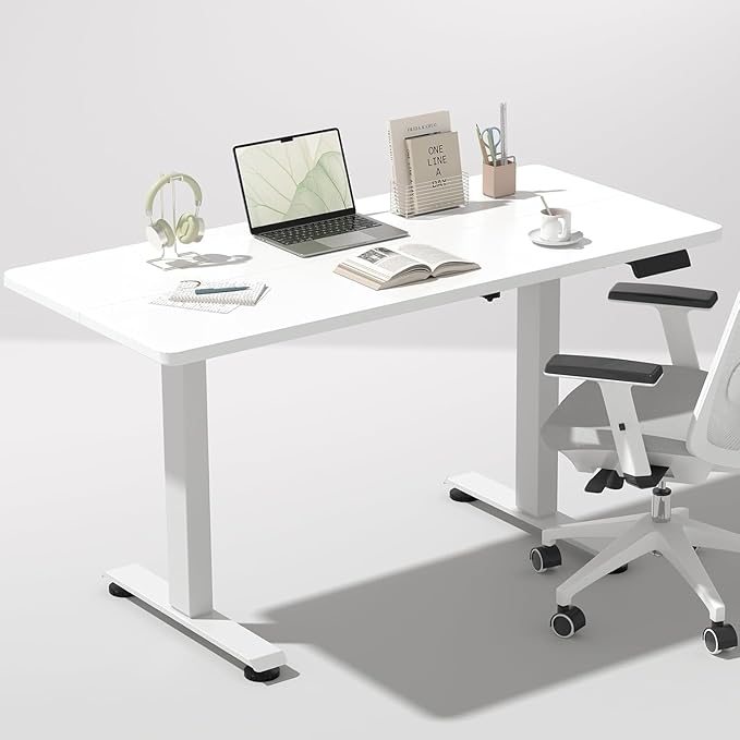 Veken 47.2 Inch Electric Standing Desk, Height Adjustable Sit Stand Up, Wood Desktop, Work Home Office Computer PC Desks, Gaming Writing Study Bedroom Rising Table, Tall Standup Workstation, White