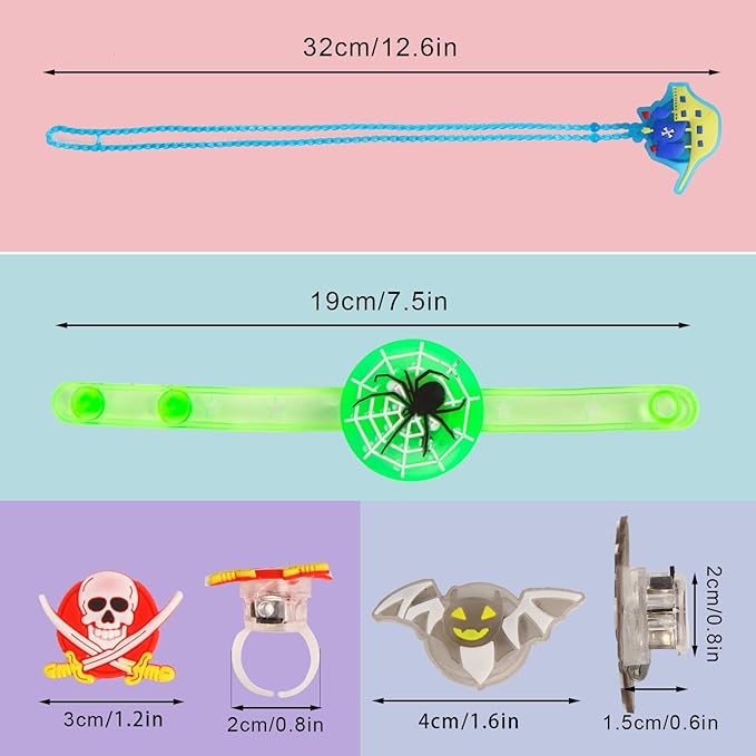 32Pcs Halloween Light Up Ring Necklaces Bracelets Toys Halloween Party Bag Fillers for Kid Adult Glow in the Dark Non Candy Gift Bags