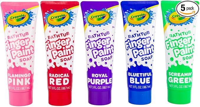Crayola Bathtub Fingerpaint 5 Color Variety Pack, 3 Ounce Tubes (Bluetiful Blue, Screamin' Green, Radical Red, Flamingo Pink, Royal Purple) Color Your Bath Easily Washable Finger Paints