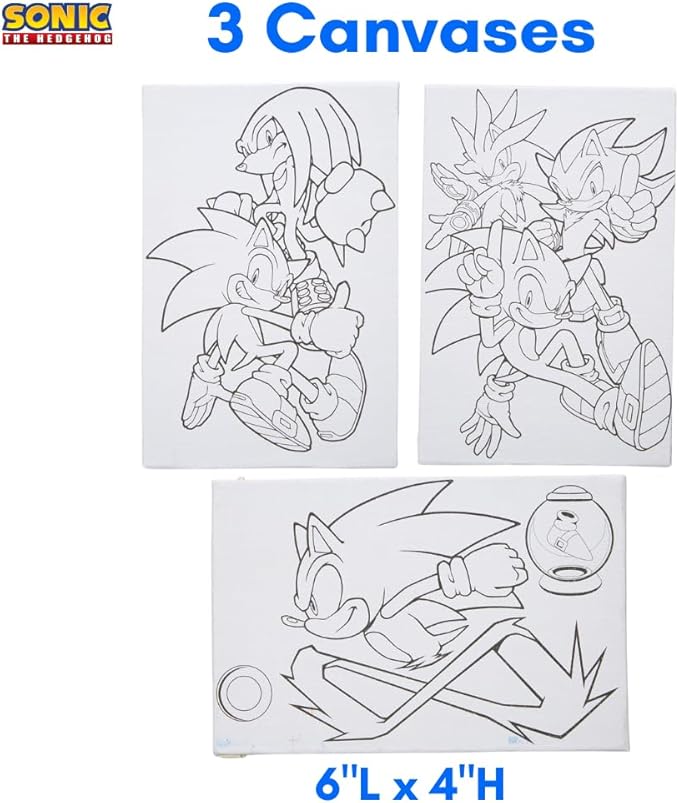 Innovative Designs Sonic The Hedgehog Canvas Paint Set for Kids with 3 Canvases, Acrylic Paint, Paintbrush, & Easel