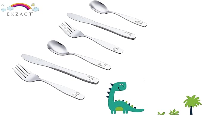 Exzact Kids Flatware 6 Pieces Stainless Steel Children Silverware 2 x Forks, 2 x Knives, 2 x Spoons,Toddler Utensils, Dishwasher Safe, 24 Months+ (Dinosaurs Engraved)