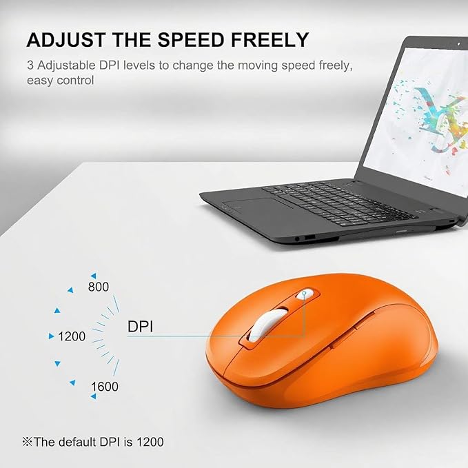 WisFox 2.4G Wireless Mouse for Laptop, Ergonomic Computer Mouse with USB Receiver and Type-C Adapter, 3 Adjustable Levels DPI, 6 Button Cordless Wireless Mice (Tangerine)