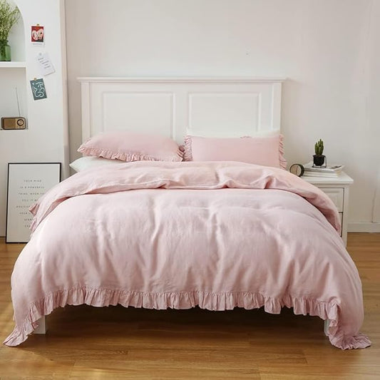 Simple&Opulence 100% Linen Duvet Cover Set, 3 PCS Natural French Flax Blush Pink Ruffle Duvet Cover King Size, Breathable Comfy Linen Bedding Comforter Cover with 2 Pillowcases(Blush Pink, 104" X 92")