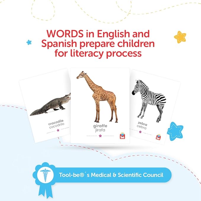 Tool-be Animal Cards. 18 Real Photos of Wild Animals. Spanish-English Flash Cards for Babies 6-12 Months, Montessori Toys for 1+ Year Old, Baby Flash Cards 12 to 18 Months, up to 6Y