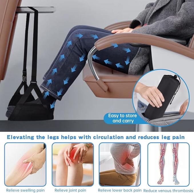 Airplane Foot Hammock, Portable Airplane Footrest, Adjustable Foot Hammock for Plane Travel to Relax Your Feet,Leg Rest for Long Flights,Travel Essentials,Office Footrest(Black)