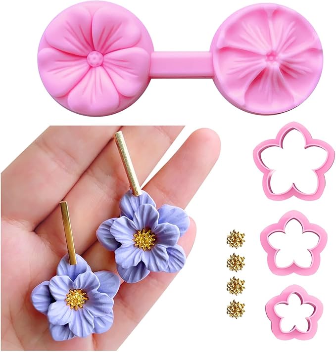Keoker Flower Petal Clay Cutters - Polymer Clay Cutters for Earrings Making, 4 Shapes with Polymer Clay Petal Press Mold, Clay Cutters for Polymer Clay Jewelry (C)