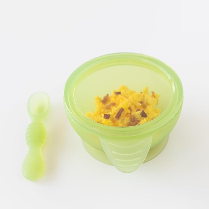 Bumkins Baby Bowl, Silicone Feeding Set with Suction for Baby and Toddler, Includes Spoon and Lid, First Feeding Set, Training Essentials for Baby Led Weaning for Babies 4 Months Up, Green Jelly