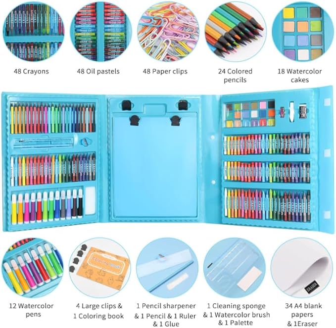 208 PCS Art Supplies,Drawing Art Kit for Kids Girls Boys Teens Artist, Art Set Case with Trifold Easel, Includes Oil Pastels, Crayons, Colored Pencils, Coloring Book, Scissors, Origami Paper 40 Sheets