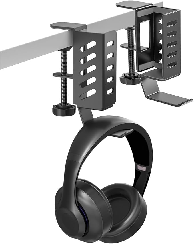 Adjustable Desk Side Laptop Holder with Headphone Stand - No Drill Clamp Organizer for Laptops, Tablets, Keyboards (Black) - Sturdy Steel & Silicone Pad Protection