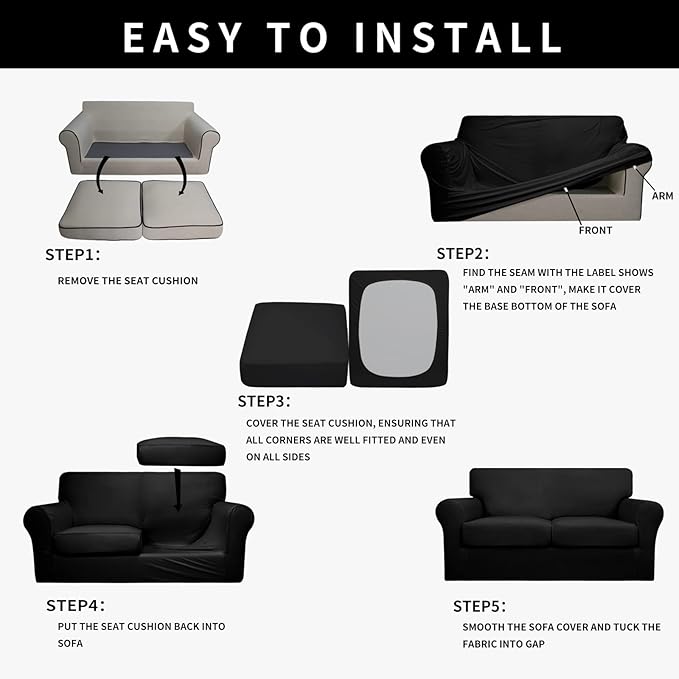 Easy-Going 100% Dual Waterproof Oversized Loveseat Cover Stretch Soft Couch Cover for Dogs, Sofa Slipcover for 2 Separate Cushion Couch Leakproof Furniture Protector for Kids, Pets Black