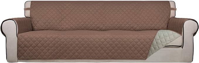 PureFit Reversible Quilted Sofa Cover, Water Resistant Slipcover Furniture Protector, Washable Couch Cover with Non Slip and Elastic Straps for Kids, Dogs, Pets (XX Large, Brown/Beige)