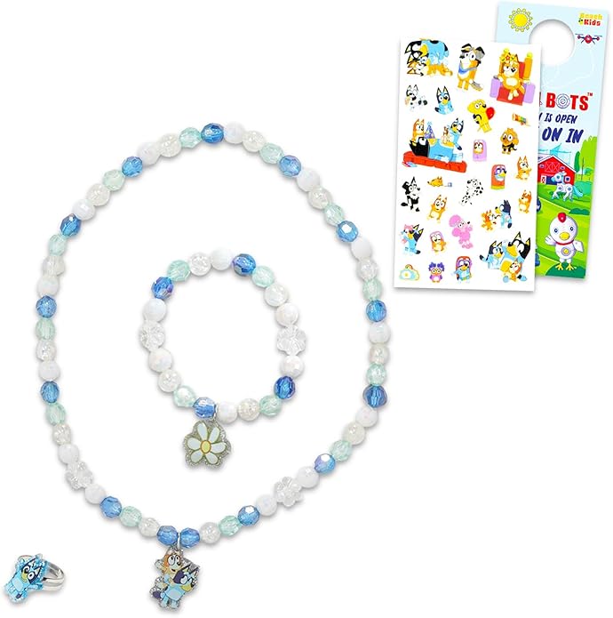 Bluey Jewelry Set for Girls - Bluey Dress Up Accessories Bundle with Necklace, Bracelet, Ring, and More | Bluey Beaded Jewelry for Kids