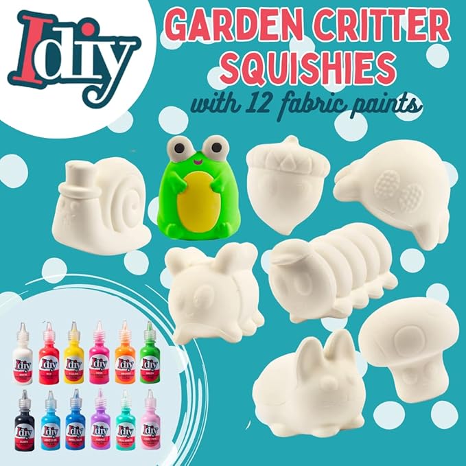 Idiy Party Craft Kit Jumbo Cute Critters Squishies (8 Garden Figures w 12 Fabric Paints)-White Kawaii Slow Rising Squishy Toys, Scented Stress Relief, Kids School, Birthday Activity Gift (4"-6")