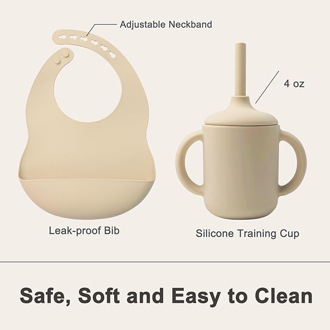 Silicone Baby Feeding Set 14 Pcs,Baby Led Weaning Supplies, Baby Spoons Suction Bowl Divided Plate Bib Cup Finger Brush,First Stage Solid Food Eating Utensils - 6+ Months(Beige)