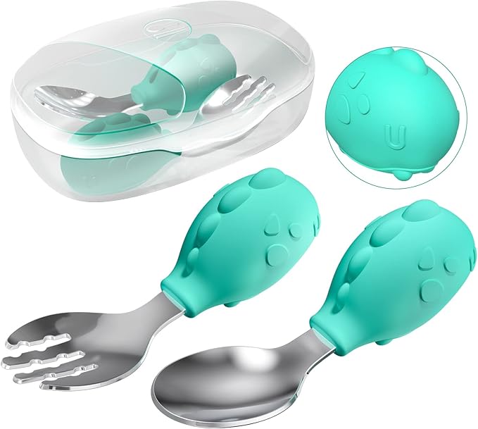Deejoy Toddler Utensils, Toddler Spoons and Forks, Stainless Steel Spoon Toddler Silverware Set, Kids Silverware Self Feeding Flatware Set with Travel Safe Case for Kids (Green)